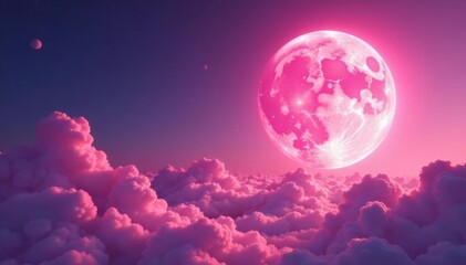 Obraz premium Giant pink moon dominates a swirling pink cloud formation , Pink moon, dreamlike, intense