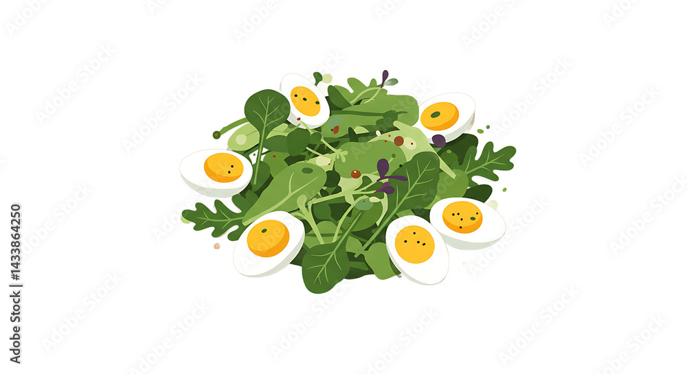 Poster a salad with green leaves and sliced boiled eggs arranged on a black background in a simple style