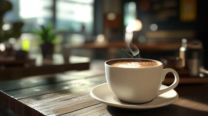 Fototapeta premium A white coffee cup with steam rising from it sits on a wooden table