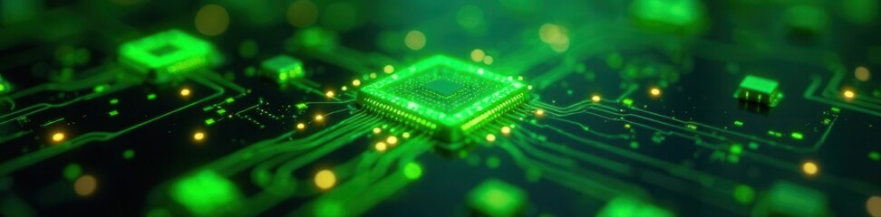 Obraz premium Glowing green circuit board, abstract nodes, sustainable energy theme, data, green tech, eco-friendly