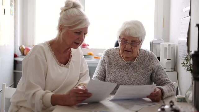 Woman helping her elderly mother preparing financial documents
