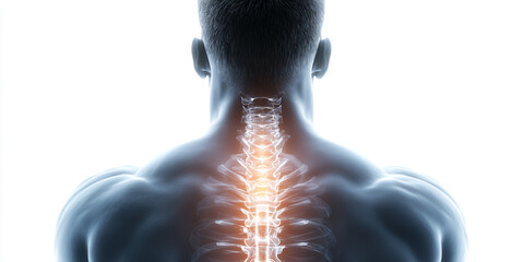Rear view of human anatomy, highlighting spinal column detail with glowing orange vertebrae, suggesting back pain or health issue, ideal for medical or healthcare content