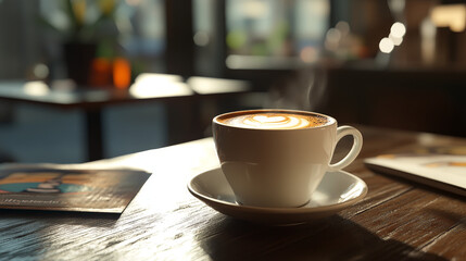 Fototapeta premium A white coffee cup with a white saucer sits on a wooden table