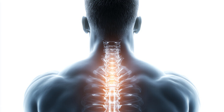 Rear view of human anatomy, highlighting spinal column detail with glowing orange vertebrae, suggesting back pain or health issue, ideal for medical or healthcare content