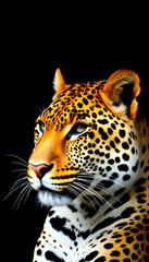 Obraz premium Portrait of a leopard with a black background, vibrant. White tone