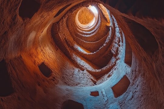 A spiraling staircase inside a stone building with light shining through an opening at the top