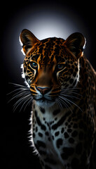 Obraz premium Portrait of a leopard with a black background, Backlit. White tone