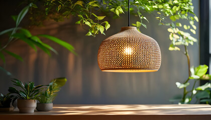 Obraz premium a tranquil minimalist haven natural light dances on wood and greenery under a woven pendant glow