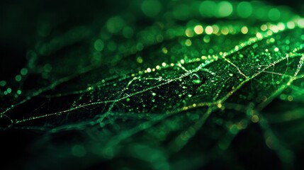Close-up of a leaf's intricate veins, illuminated by light, with water droplets