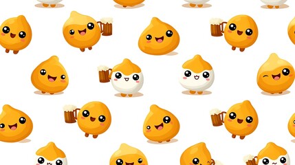 Fototapeta premium Adorable Kawaii Illustration of Cute Yeast Cells with Beer Mugs in a Cheerful Pattern