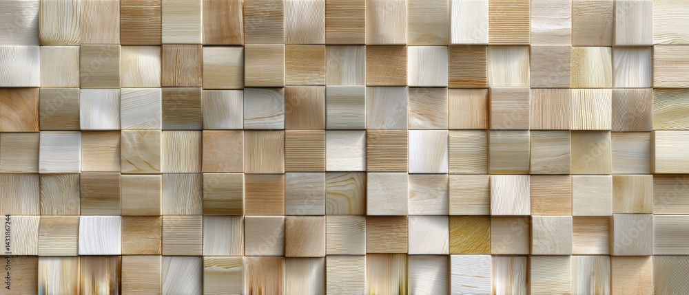 Poster mosaic wooden background featuring light fir wood squares arranged in grid pattern, creating warm an