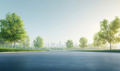 Serene sunrise over city skyline, viewed from empty road lined with lush green trees