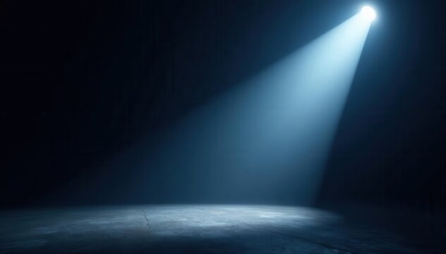 Intense spotlight piercing absolute black void, black background, isolated, illumination