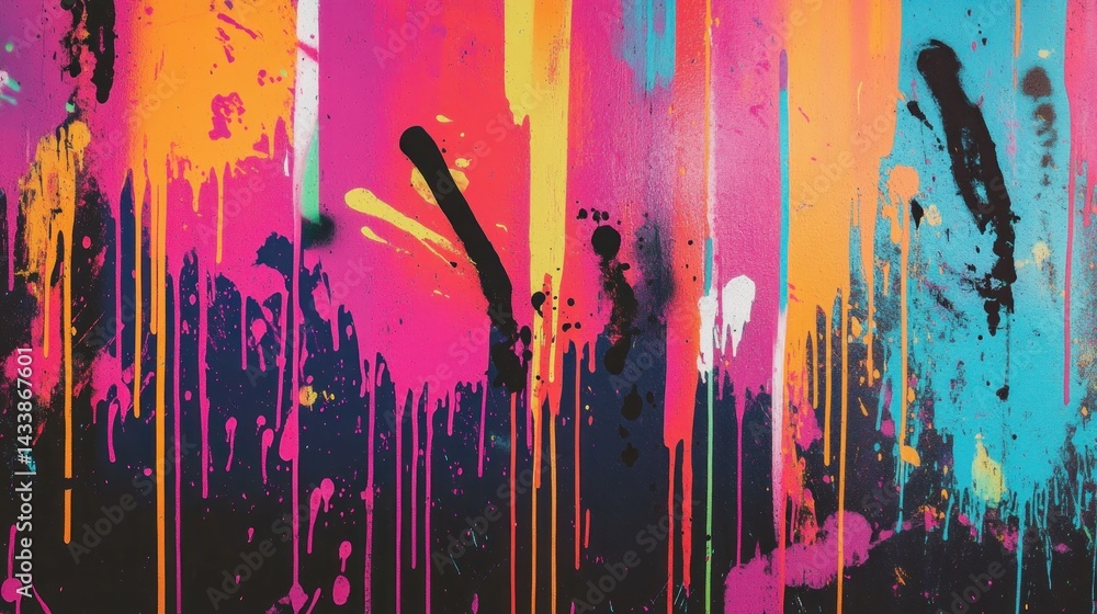 Poster vibrant, abstract painting with dripping and splattered paint. bold colors create dynamic vertical s