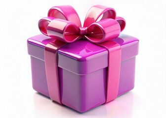 Fototapeta premium Floating Cartoon Purple Gift Box with Pink Bow - Shiny Toy Present, Isolated White Background