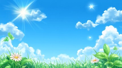 A vibrant, sunny meadow scene with a clear blue sky.  Fluffy white clouds dot the azure sky, highlighting a bright sun.  Green grass and flowers create a peaceful, spring-like landscape