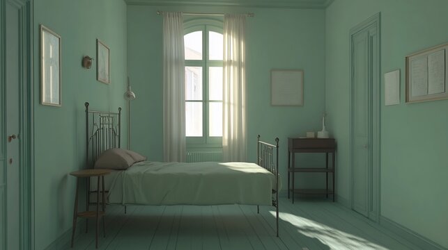 A serene mint green bedroom. Sunlight streams through a window, illuminating a simple, antique-style bed and furniture