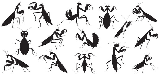 Obraz premium Mantis silhouette set vector illustration, isolated on white background, Praying mantis, Silhouette of a praying mantis insect vector 