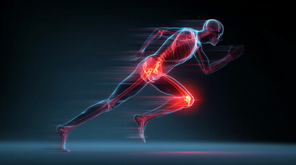 Fototapeta premium Skeleton running, motion blur, highlighting hip and knee joints in red, dark background, medical or sports concept