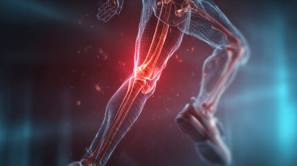 Wireframe leg showcasing knee joint, highlighted in red, suggesting pain or injury.  Represents medical imaging, sports medicine, or physical therapy.