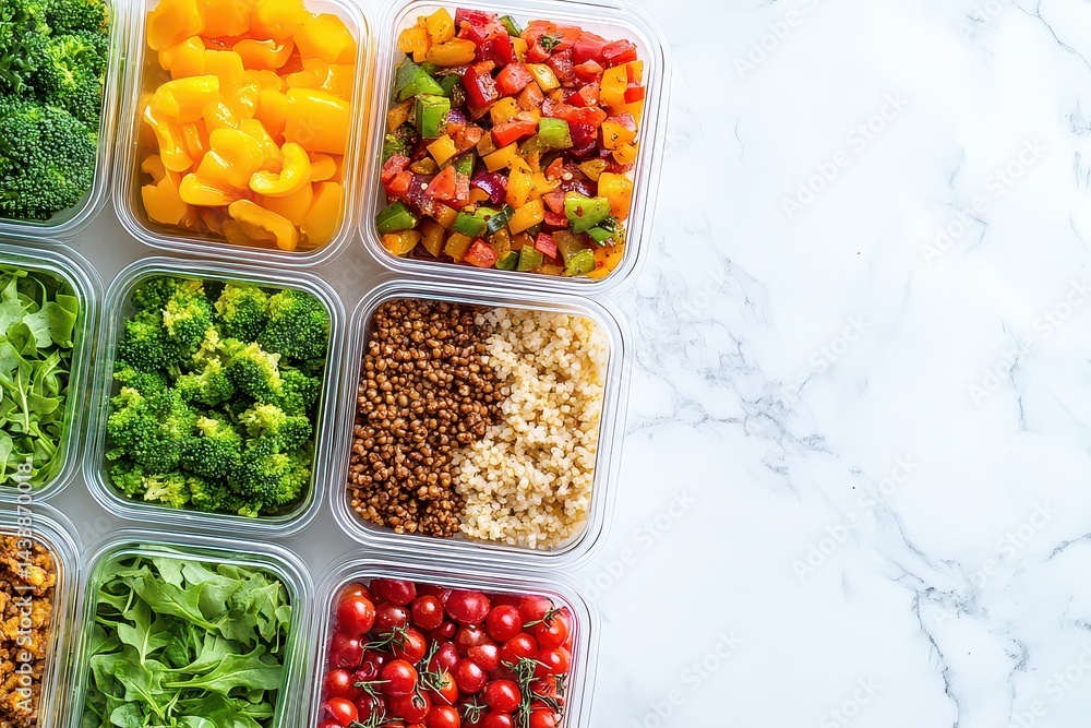 Poster colorful array of fresh vegetables and grains in clear containers on a marble countertop