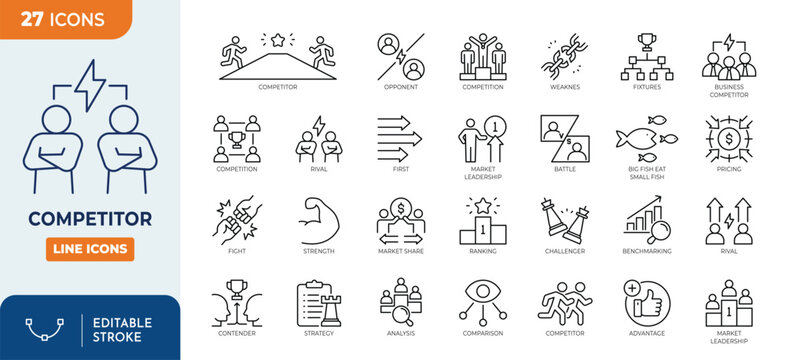Competitor icon set. Containing competition, strengths, weakness, opponent, market leader, advantage,  comparison, ranking, and more. Outline Icon Collection. Vector illustration. Editable stroke	