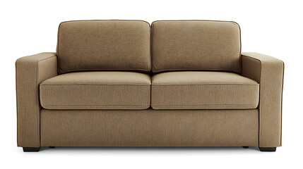 A tan couch with a patterned fabric