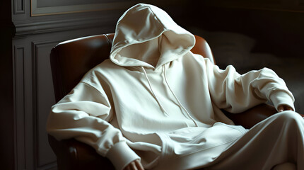 Vintage 90s Blank Baggy Hoodie Mockup on Leather Chair, Grunge Style