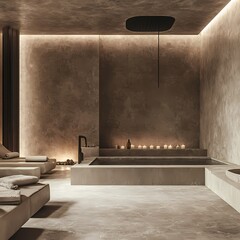 Serene spa relaxation room; ambient lighting, minimalist design