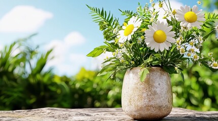 Sunny Day Daisies White Flower Bouquet in Beige Vase on Wooden Table