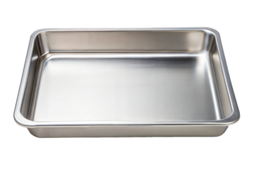 Metal baking pan aluminum tray isolated. Stainless tray. Top view. Stainless steel Stomatological tray, Medical tray.