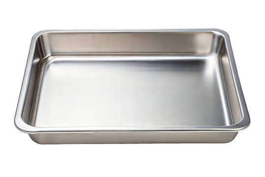 Metal baking pan aluminum tray isolated. Stainless tray. Top view. Stainless steel Stomatological tray, Medical tray.