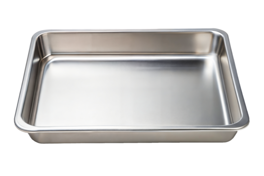 Metal baking pan aluminum tray isolated. Stainless tray. Top view. Stainless steel Stomatological tray, Medical tray.