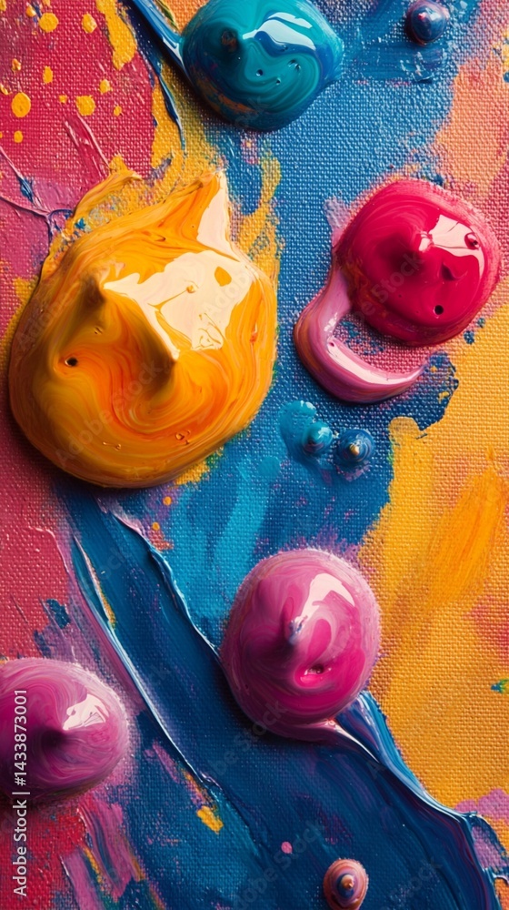 Poster vibrant abstract painting with bright swirls of thick acrylic paint creating a dynamic and colorful 