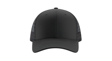 A front view of a black trucker hat with mesh sides on a black background in a studio shot