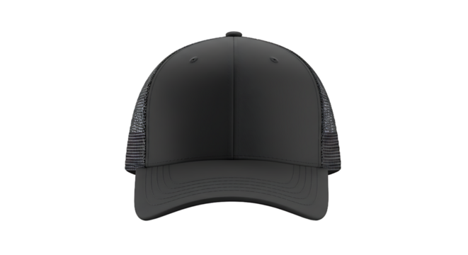 A front view of a black trucker hat with mesh sides on a black background in a studio shot