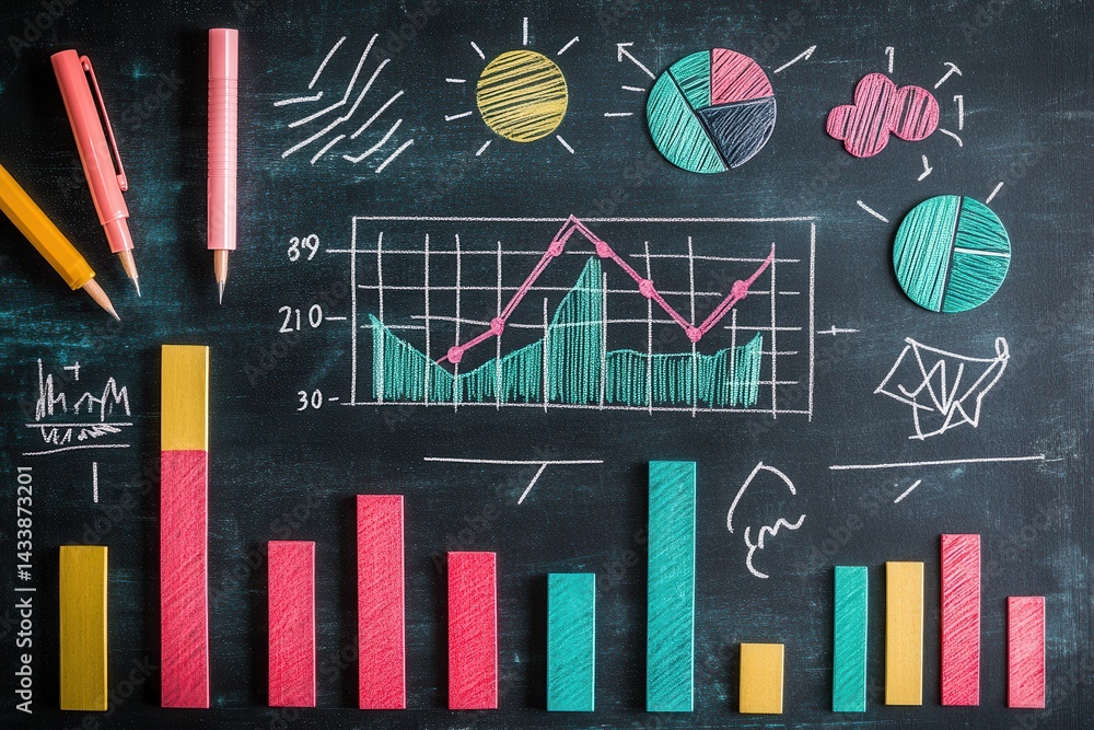 Aufkleber colorful chalkboard with graphs, charts, and statistics illustrating data analysis concepts