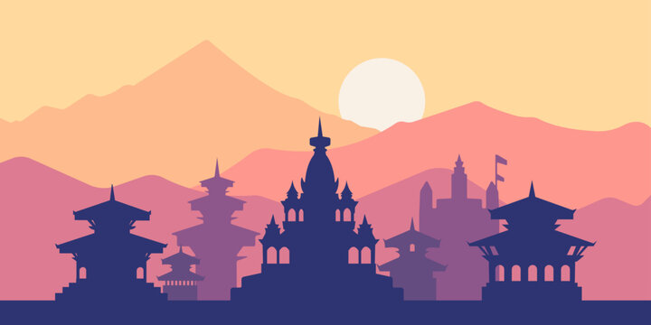 Nepal Temple Silhouette at Sunset &ndash; Vector Illustration