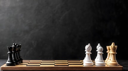 Chess Game Setup with Black and White Pieces on a Wooden Board Against Dark Background
