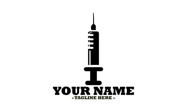 Black silhouette of a medical syringe with a needle for injection isolated against a white backdrop. Healthcare concept, vector Icon syringe and syringe Icon logo design