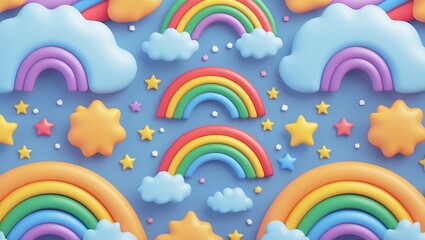 Colorful rainbow cloud and star kids background pattern