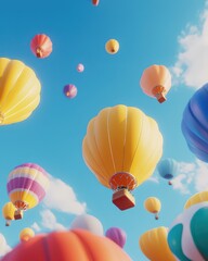 Obraz premium Colorful hot air balloons soaring in a bright blue sky with fluffy white clouds in the background