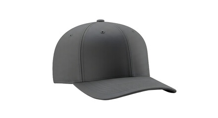 Isolated gray baseball cap with a curved brim and a button on top against a black background