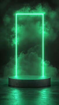 Futuristic green neon portal illuminating misty dark environment, creating ethereal technological showcase platform with glowing rectangular light frame