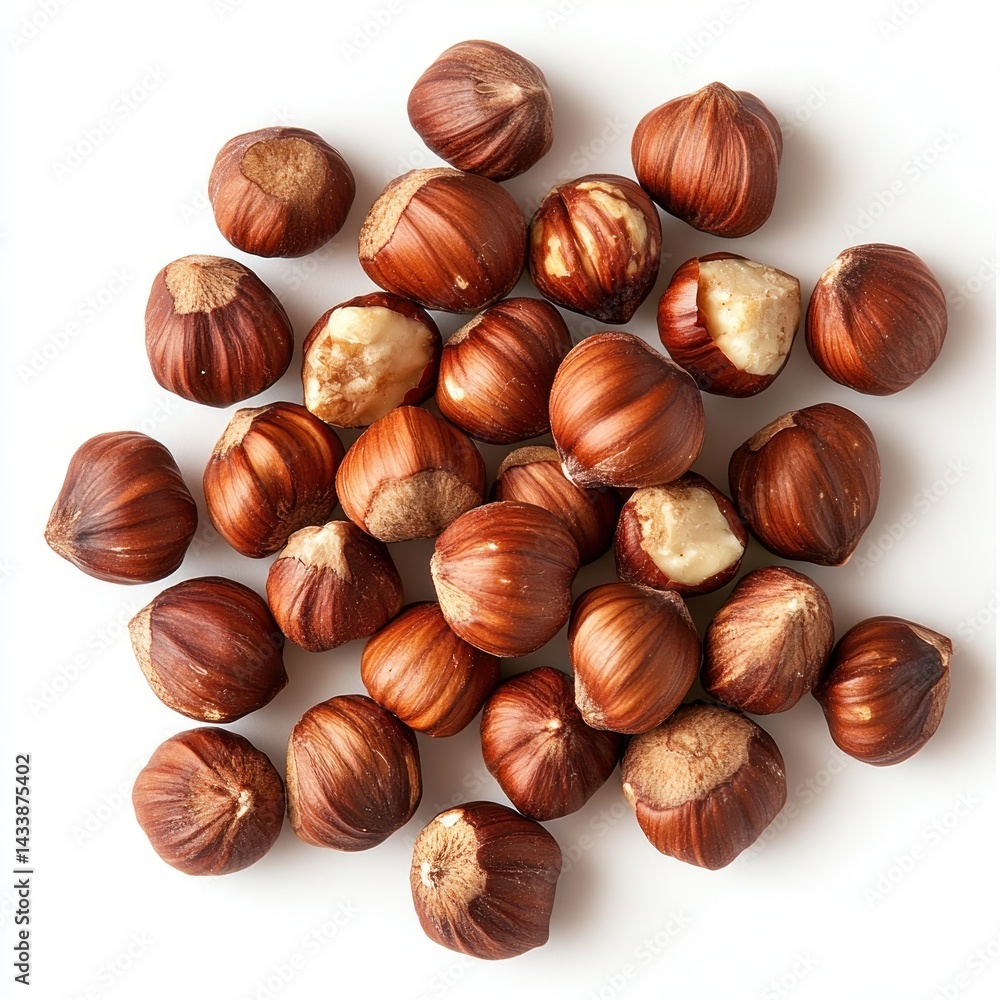 Poster a close-up view of raw hazelnuts isolated on white background for culinary and nutritional use