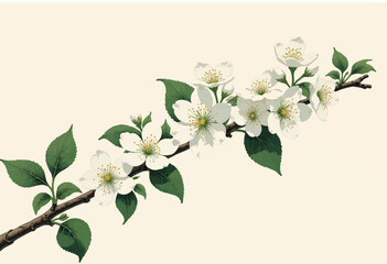 Fototapeta premium Branch with White Plum Blossoms and Green Leaves