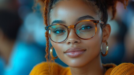 A young professional attending a leadership training seminar, taking notes and listening intently, in a bright conference room with a focus on personal development, in vibrant tones of blue and yellow
