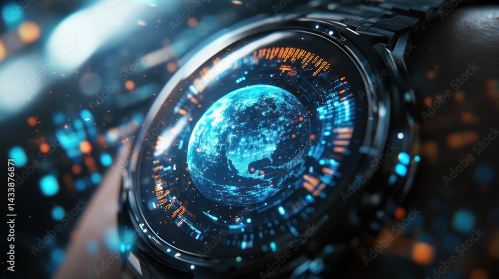 Poster smartwatch displaying earth globe and digital data, future tech background use