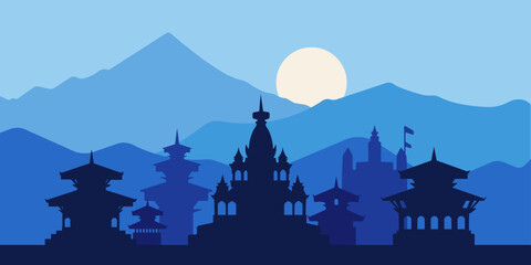 Nepal Temple Silhouette with Blue Mountains – Vector Illustration