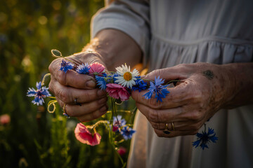 A hands weaving a floral crown with wildflowers, golden hour lighting
